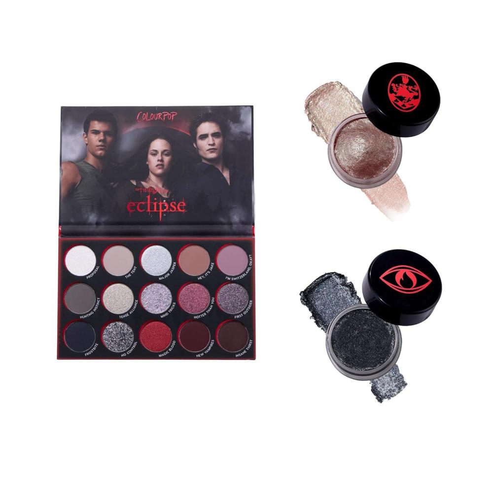 imageColourPop Twilight Makeup Bundle Eclipse Eyeshadow Palette 063 oz Jelly Much Gel Eye Shadow Newborn Army 023 oz Jelly Much Gel Eye Shadow Cullen Coven 023 oz HighPigment Metallic amp Matt