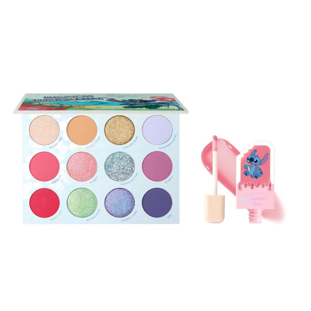 imageColourPop x Disney Stitch Makeup Bundle Beach Dreamin 12 Shade Eyeshadow Palette Ultra Glossy Lip Gloss High Pigment Hydrating NonSticky Shine TropicalInspired Set